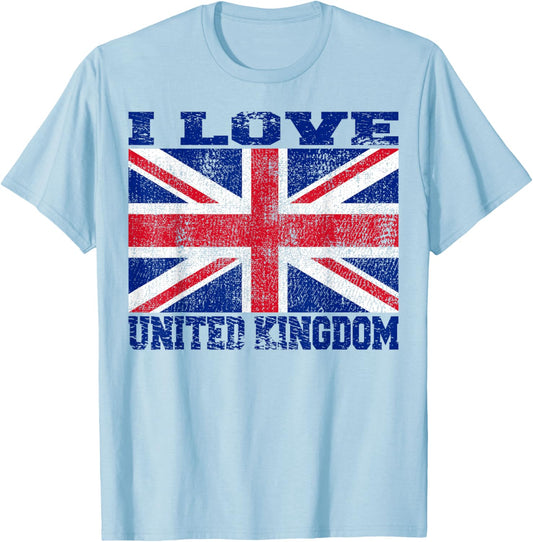 I Love UK - Grunge British Flag Red, White, and Blue Novelty T-Shirt - T-Shirt | Light Blue