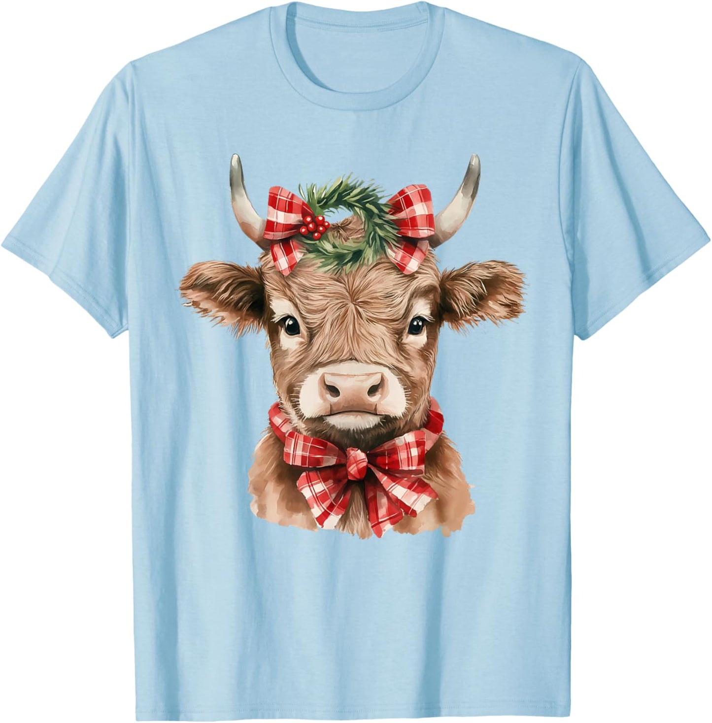 Christmas Highland Cow Cute Moo Cow Coquette Xmas Women Kids T-Shirt - T-Shirt | Light Blue