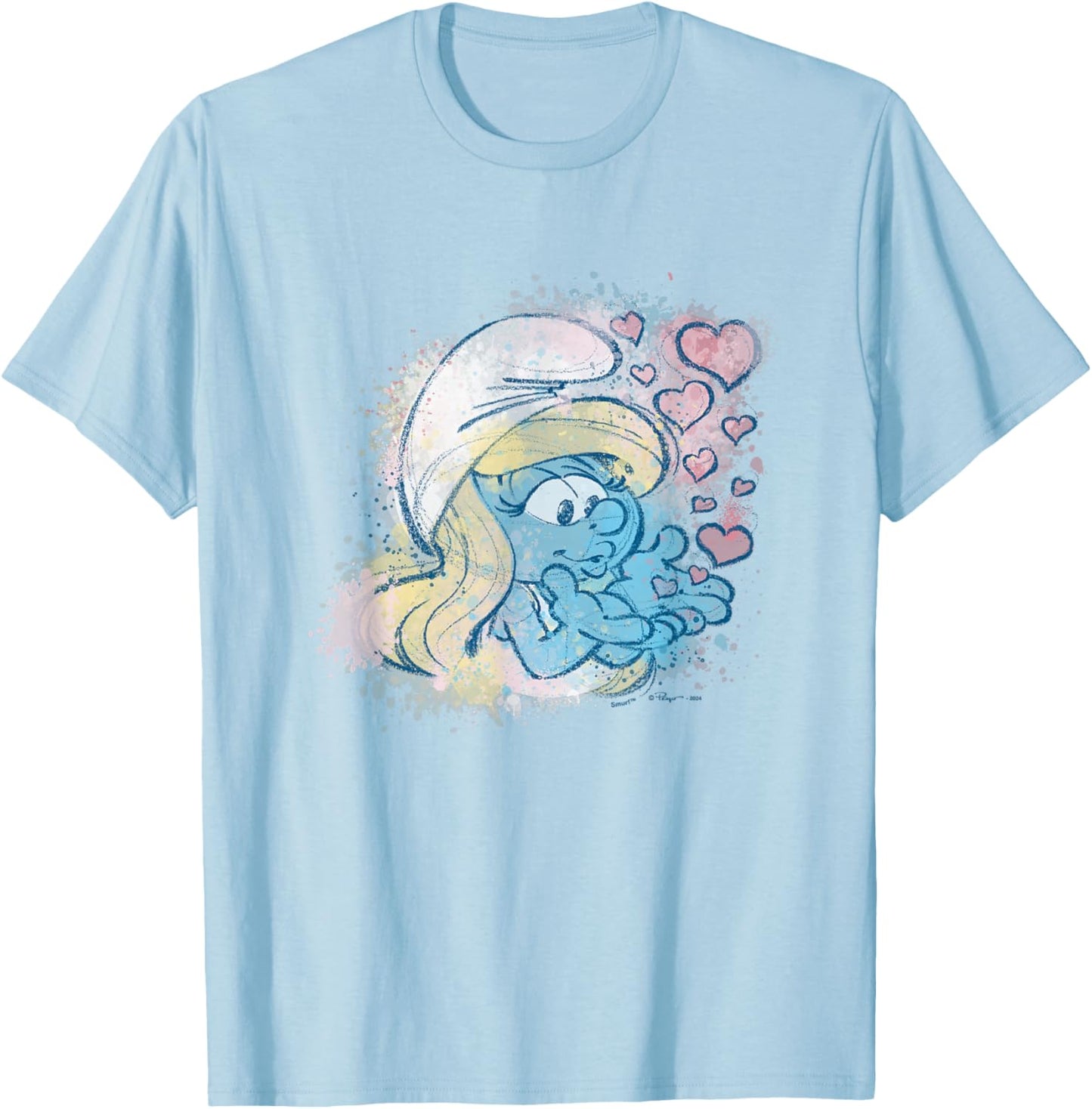 The Smurfs Smurfette Hearts Smurfin Kiss Retro Chest Logo T-Shirt - T-Shirt | Light Blue