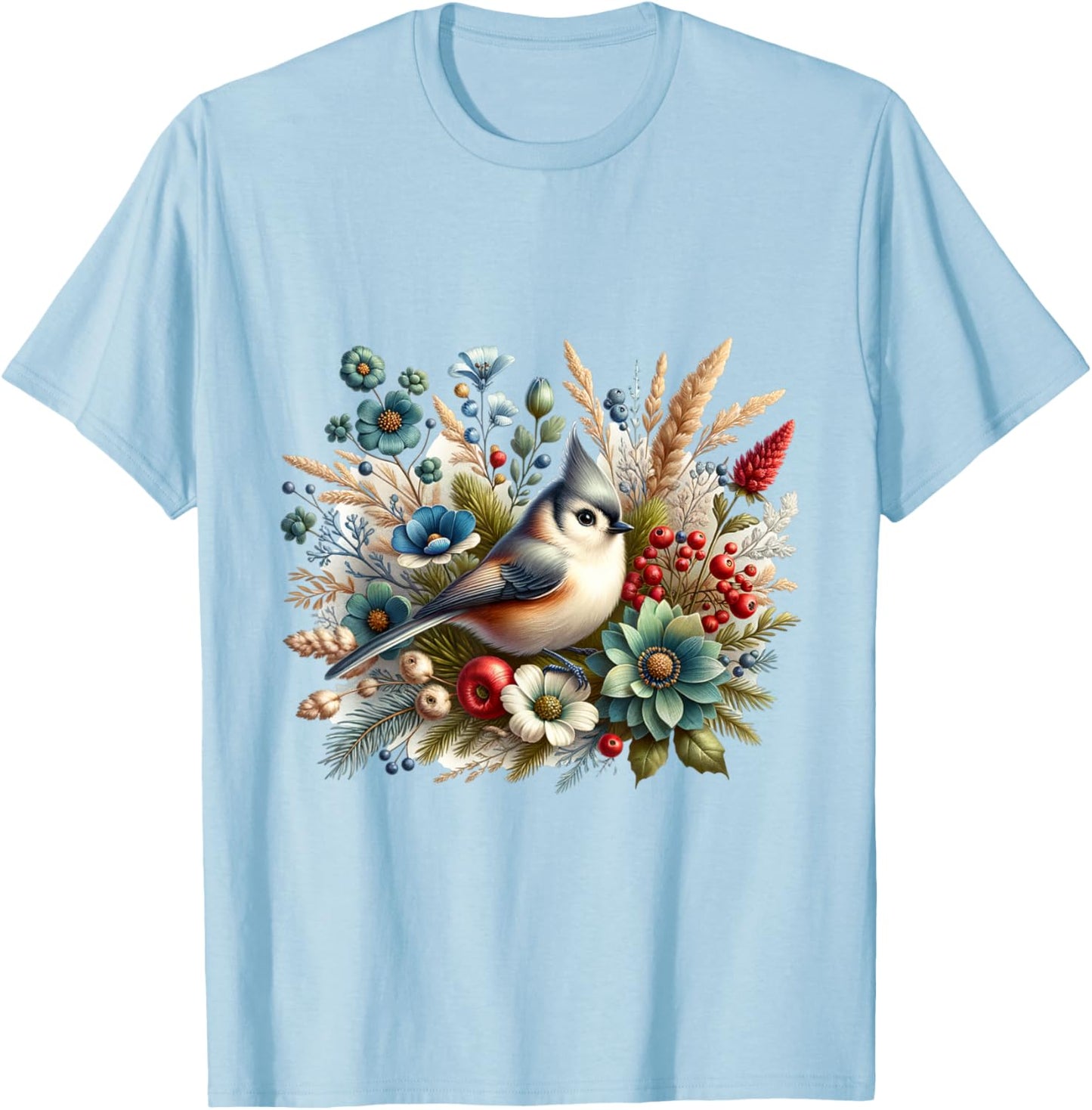Tufted Titmouse Vintage Floral Wintery Bird T-Shirt - T-Shirt | Light Blue