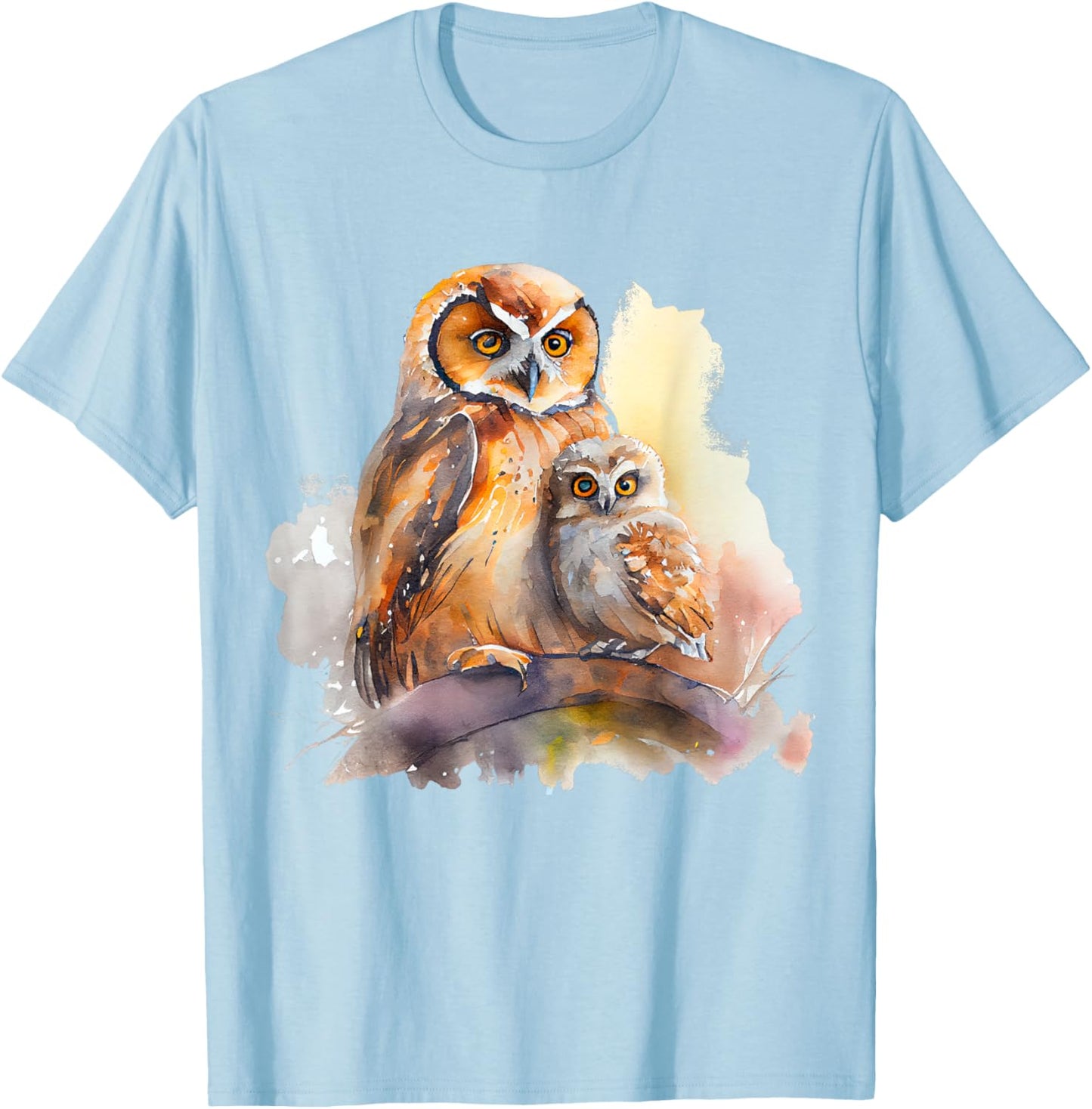 Watercolor Owl Pair Parent Child Nature Art T-Shirt - T-Shirt | Light Blue