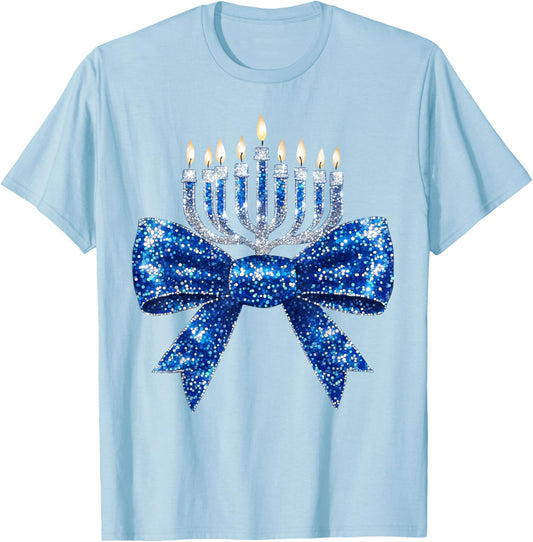 Coquette Hanukkah Jewish Menorah Bow & Girls T-Shirt - T-Shirt | Light Blue