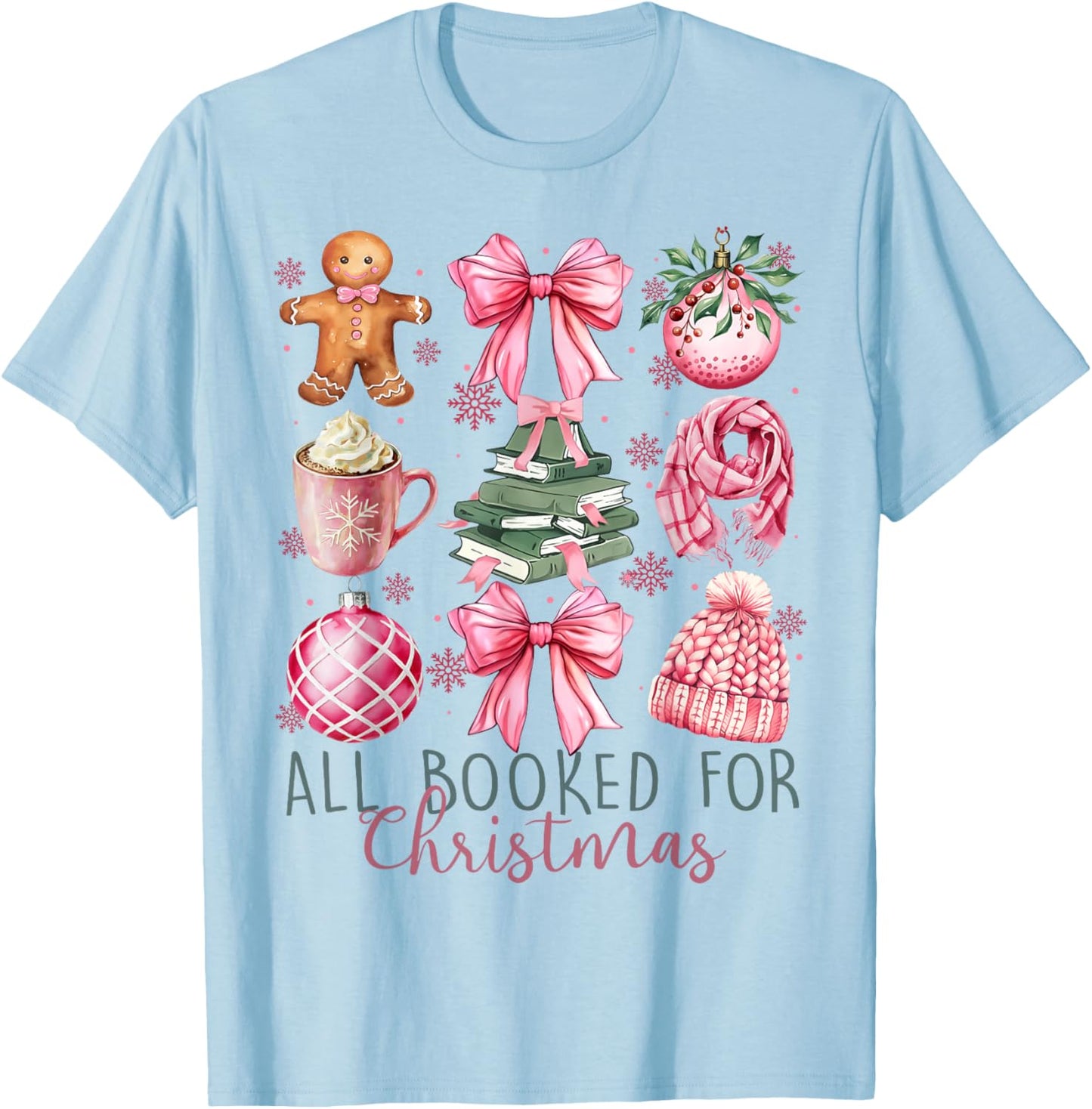 All Booked For Christmas Book Christmas Gingerbread Bow T-Shirt - T-Shirt | Light Blue