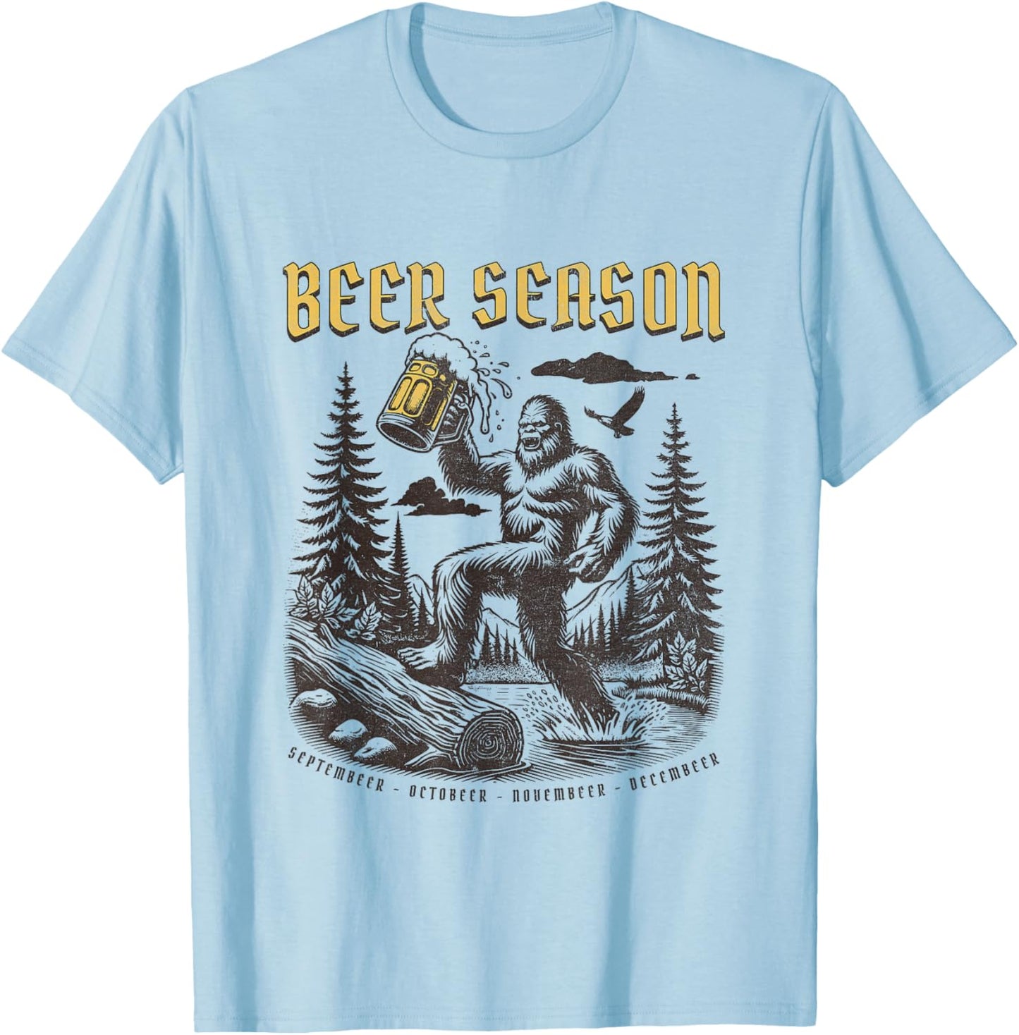 Funny Beer, Funny Big Foot Sasquatch Drinking, Beer Season T-Shirt - T-Shirt | Light Blue
