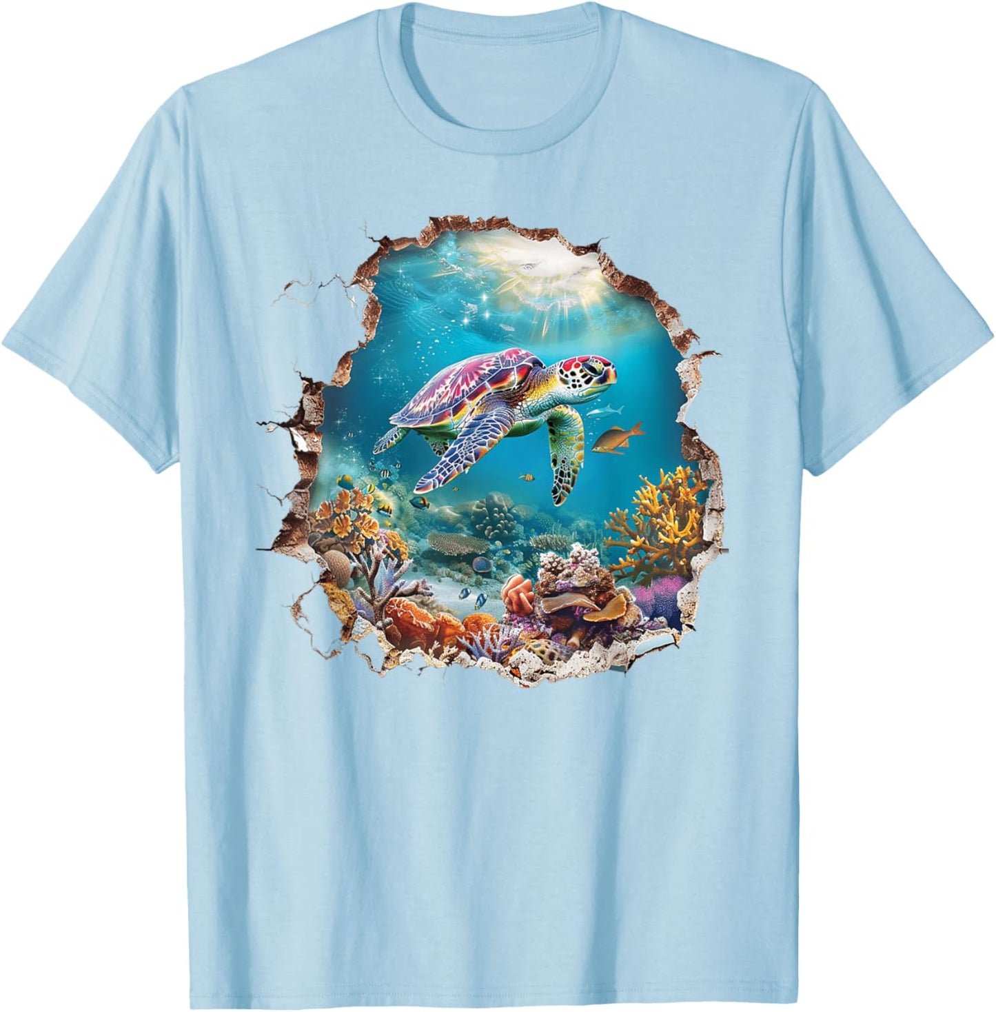 A 3D Hole In The Wall With A Turtle Swimming In A Sea T-Shirt - T-Shirt | Light Blue
