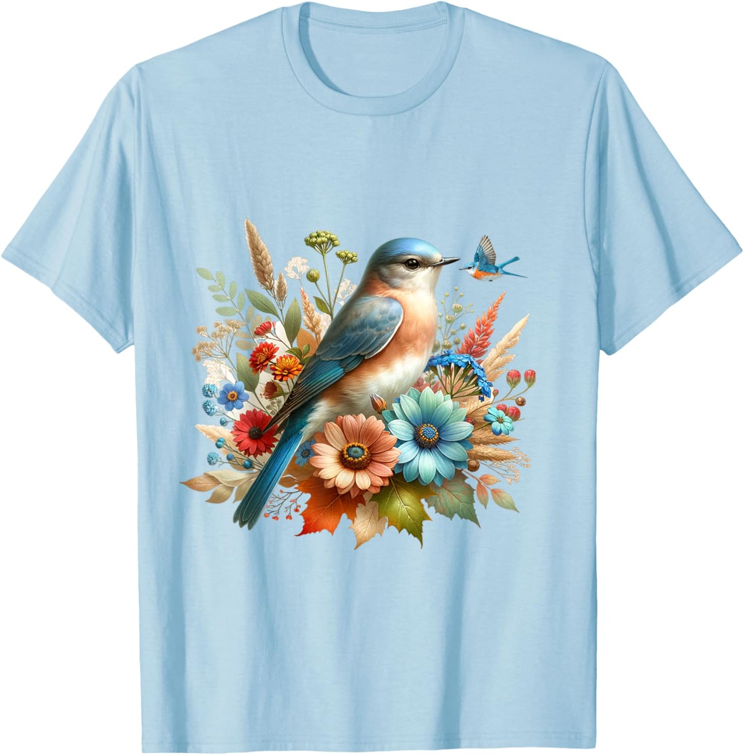 Eastern Bluebird Vintage Floral Autumn Bird T-Shirt - T-Shirt | Light Blue