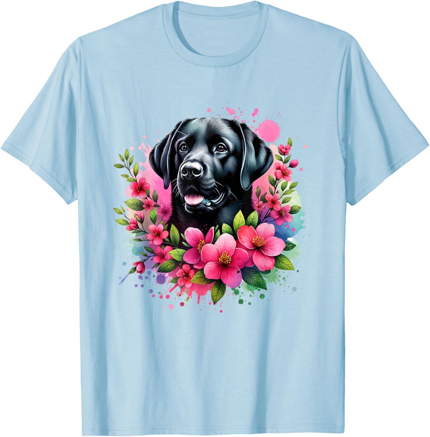 Watercolor Cute Black Labrador Dog Mom Pink Flowers Women Kids T-Shirt - T-Shirt | Light Blue