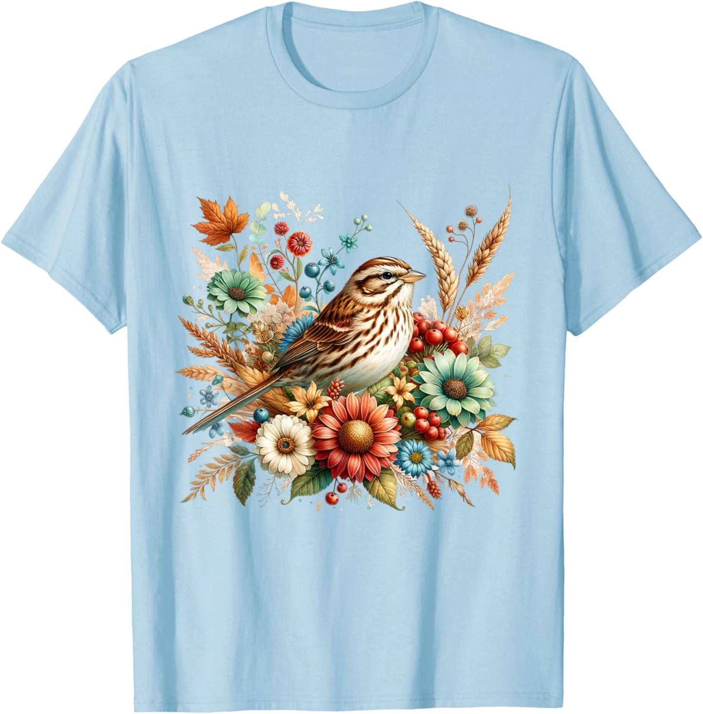 Song Sparrow Vintage Floral Autumn Bird T-Shirt - T-Shirt | Light Blue