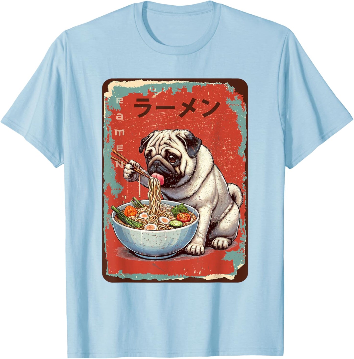 Pug Dog Eating Ramen Japanese Noodles Soup T-Shirt - T-Shirt | Light Blue
