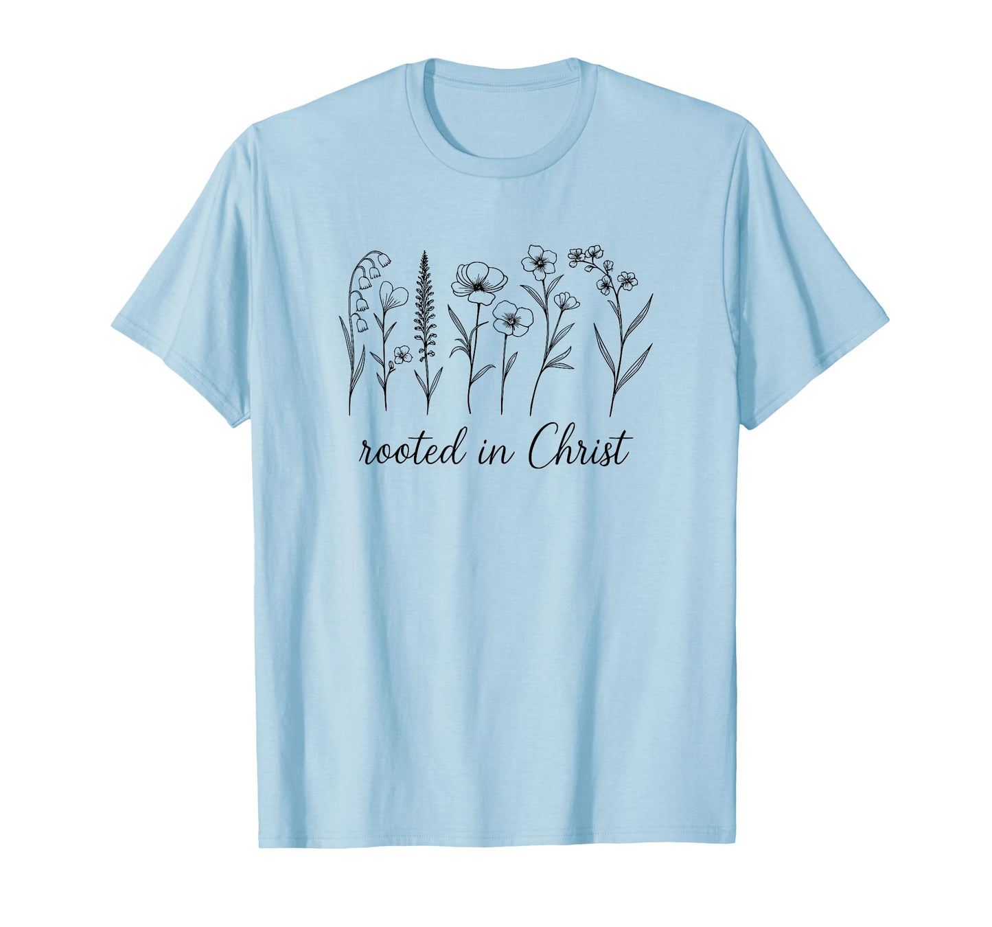 Rooted in Christ Modern Christian Floral Line Art Minimalist T-Shirt