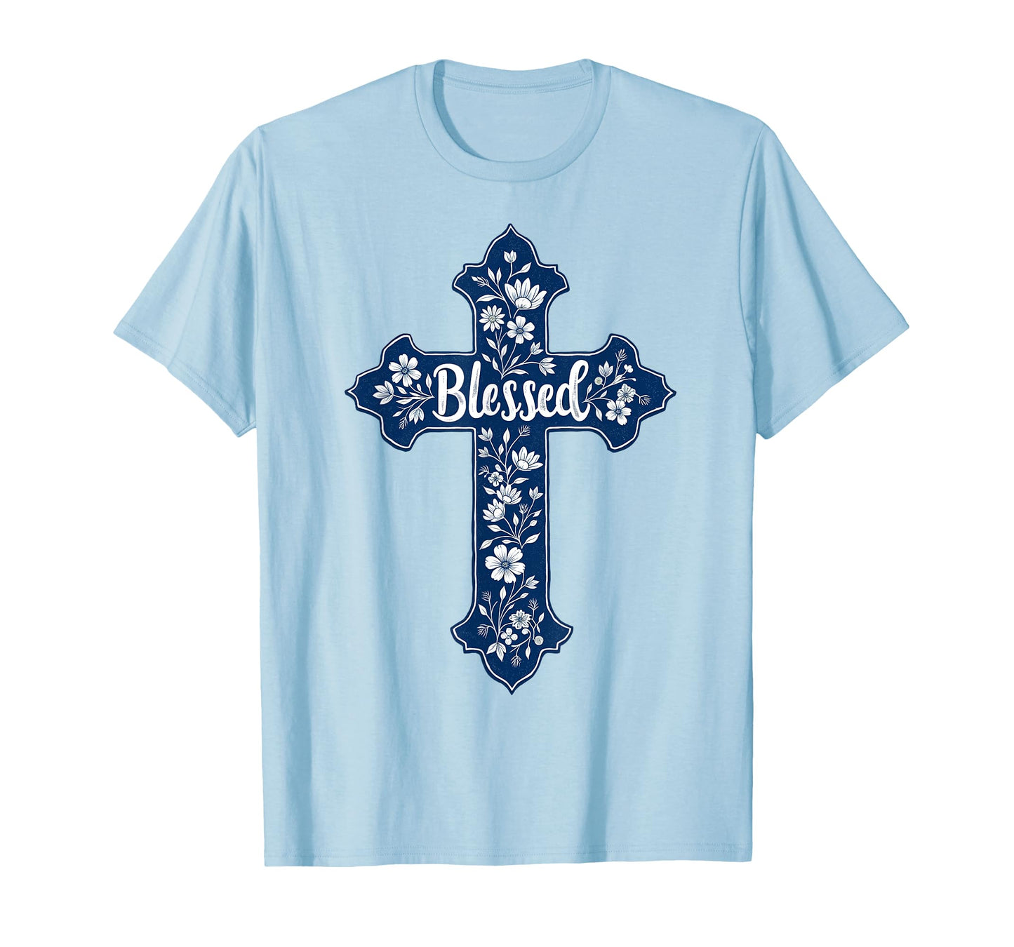 Christian Faith Cross Blue Toile Chinoiserie Floral T-Shirt
