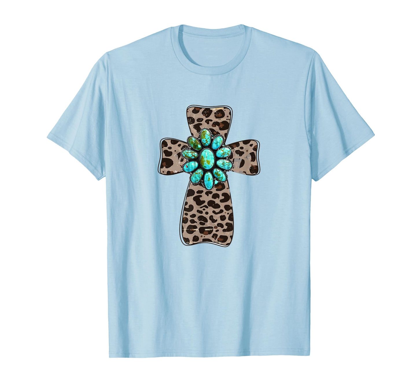 Leopard Cross With Turquoise Southern Western Christian T-Shirt