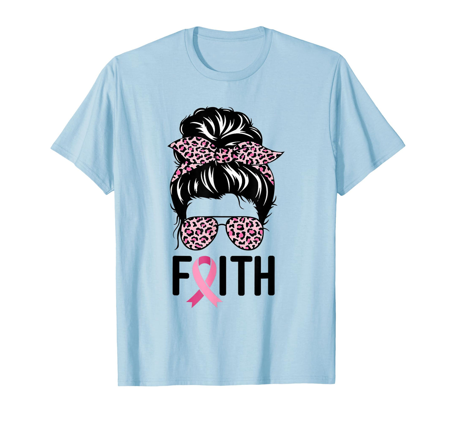 Faith Messy Bun Glasses Wear Pink Breast Cancer Awareness T-Shirt