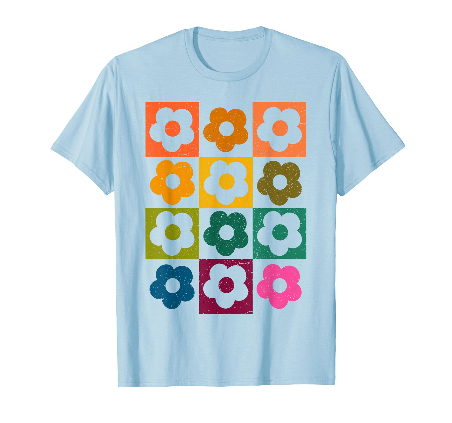Neutral Checkerboard Daisy Color Flowers Retro Boho Floral T-Shirt