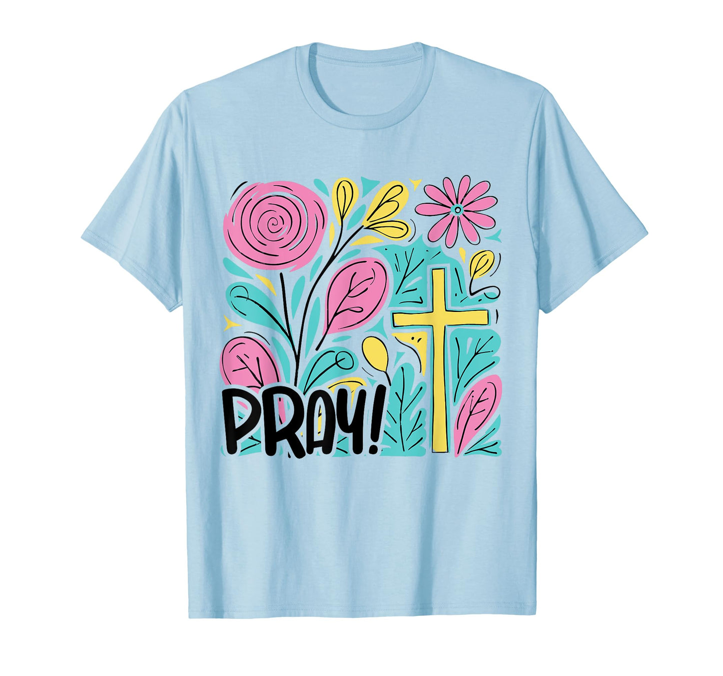 PRAY Boho Floral Christian Cross Jesus Bible Verse Faith T-Shirt