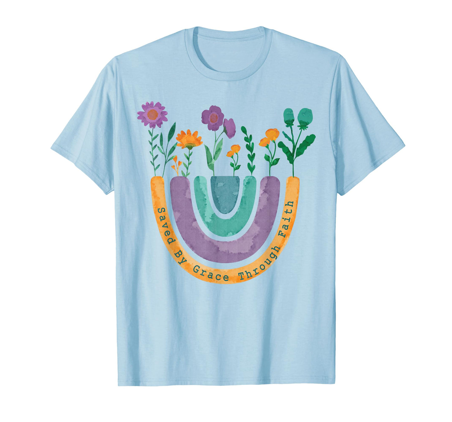 Saved By Grace Through Faith Christian Rainbow Wildflowers T-Shirt