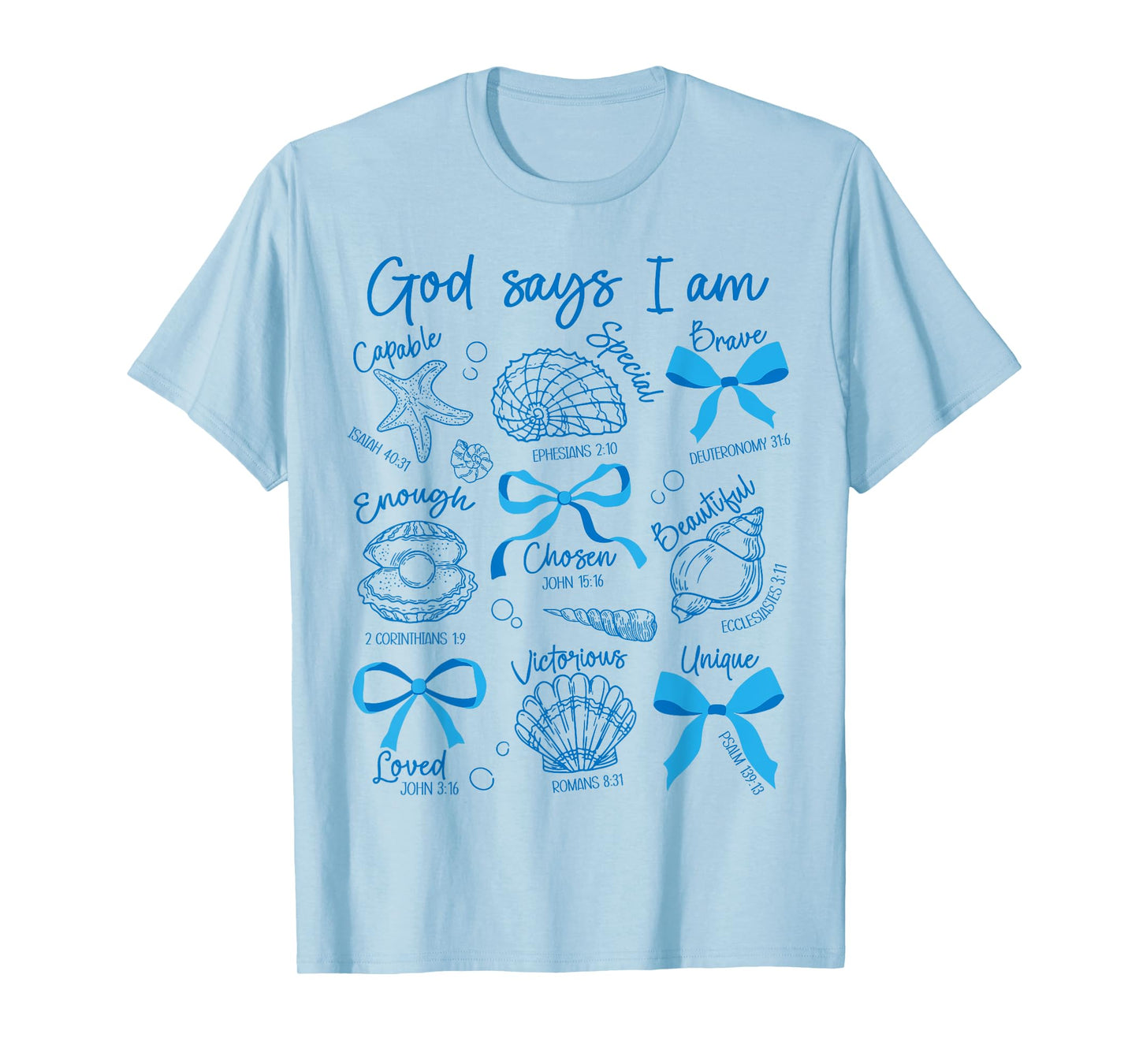 God Says I Am Seashell Starfish Ocean Coquette Bow Christian T-Shirt