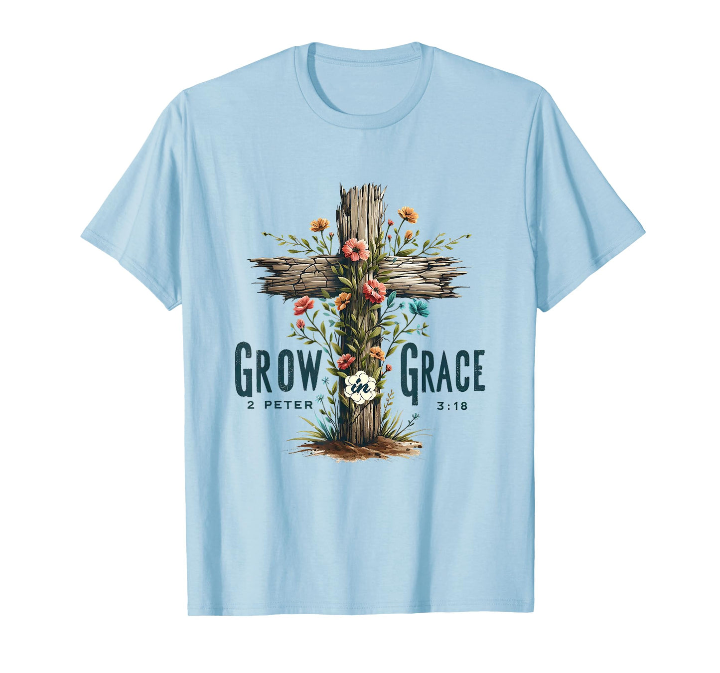 Christian Grow in Grace Bible Floral Cross T-Shirt