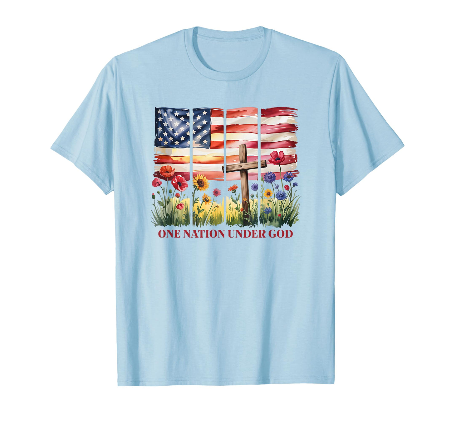 One Nation Under God American Flag Cross & Wildflower T-Shirt