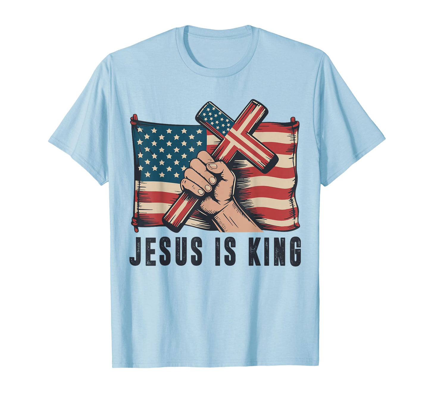 Mens Jesus is King American Flag Christian Patriotic Cross T-Shirt