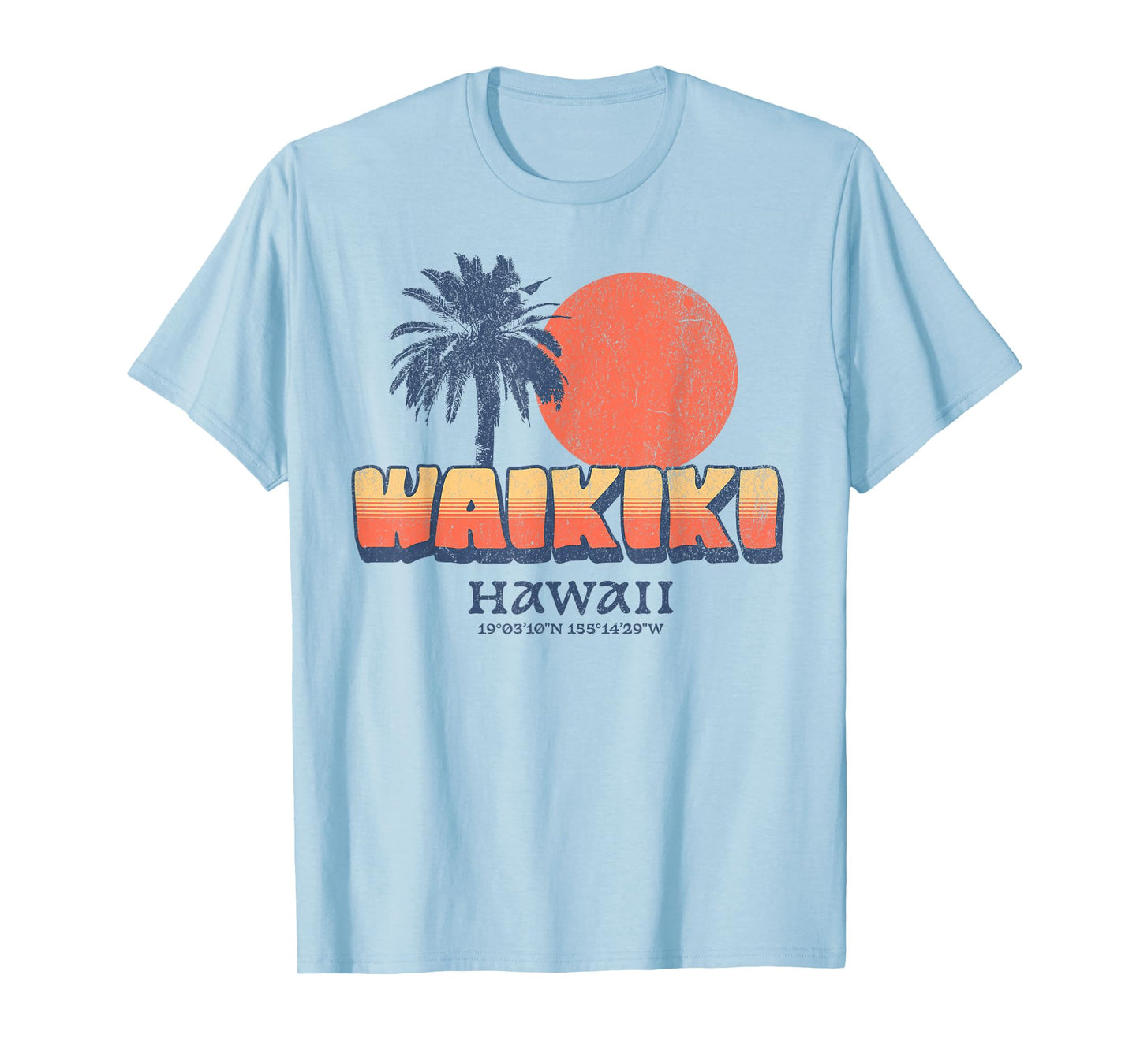 Funny Waikiki Hawaii Retro Sunset Palm Tree Hawaiian Beach T-Shirt