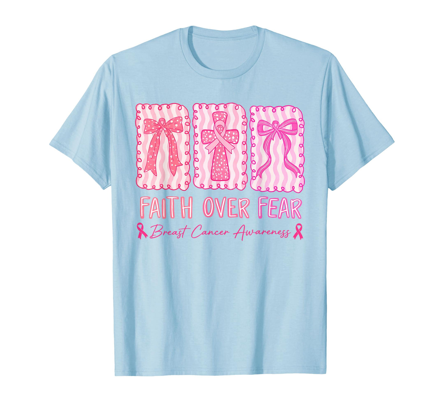 Faith Over Fear Coquette Bow Plaid Breast Cancer Awareness T-Shirt