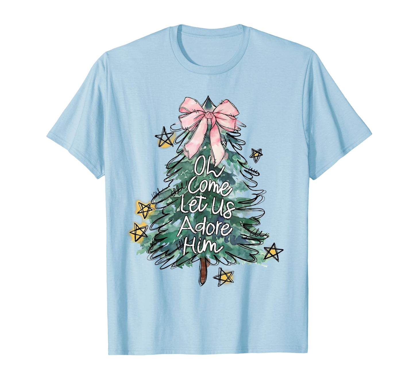 Oh Come Let Us Adore Him Christmas Xmas Tree Christian Jesus T-Shirt