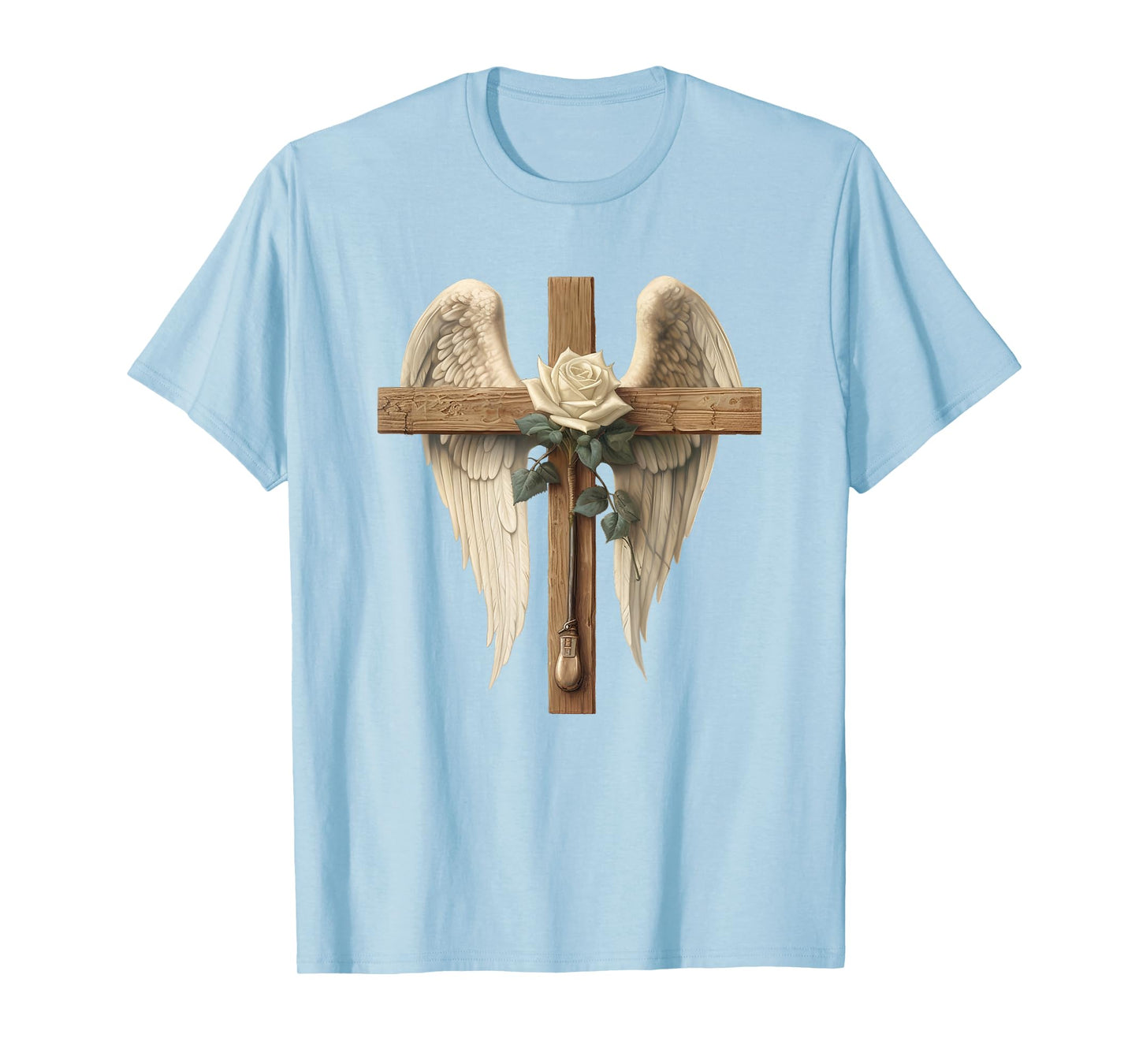 White Rose Flower Christian Cross For Women With Angel Wings T-Shirt