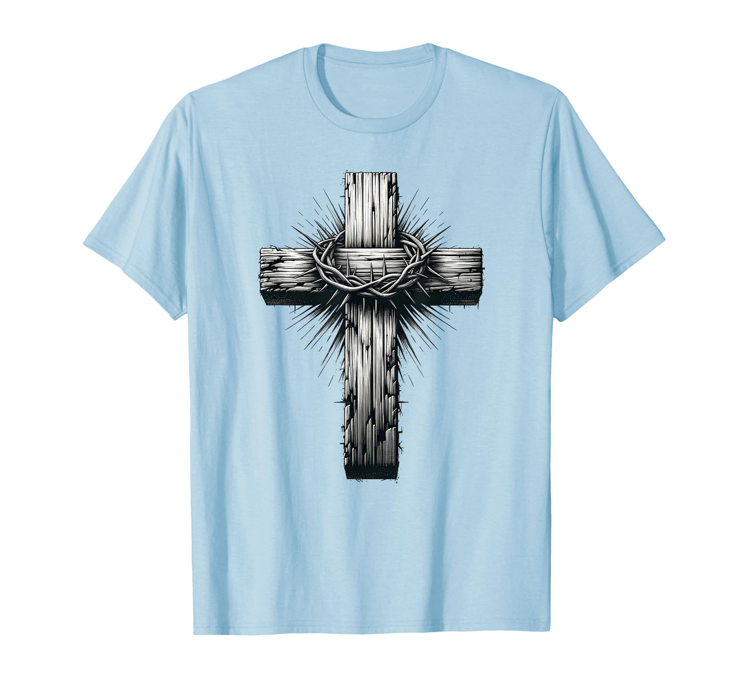Rustic Wooden Cross Graphic Crown of Thorns Christian Faith T-Shirt