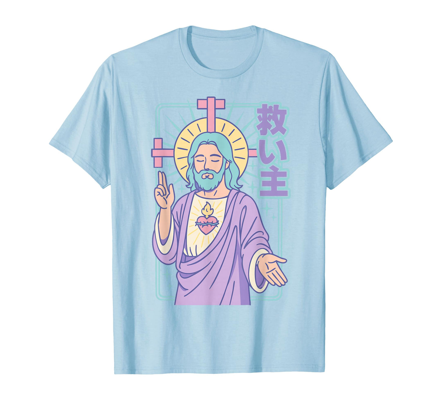 Christian Manga Jesus Sacred Heart Kawaii Anime Pastel Pink T-Shirt