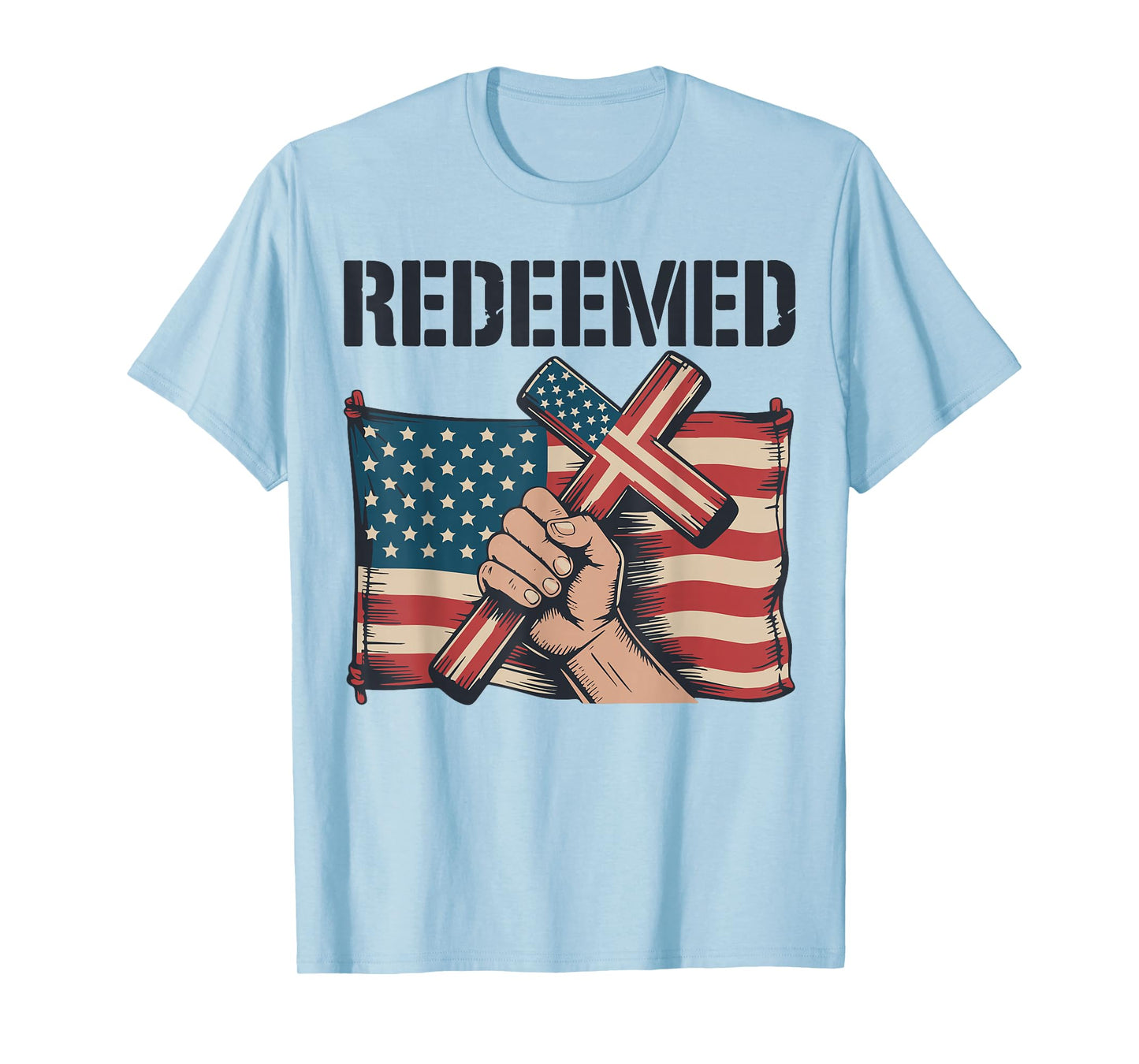 Men's Redeemed American Flag Christian Patriotic Cross Faith T-Shirt