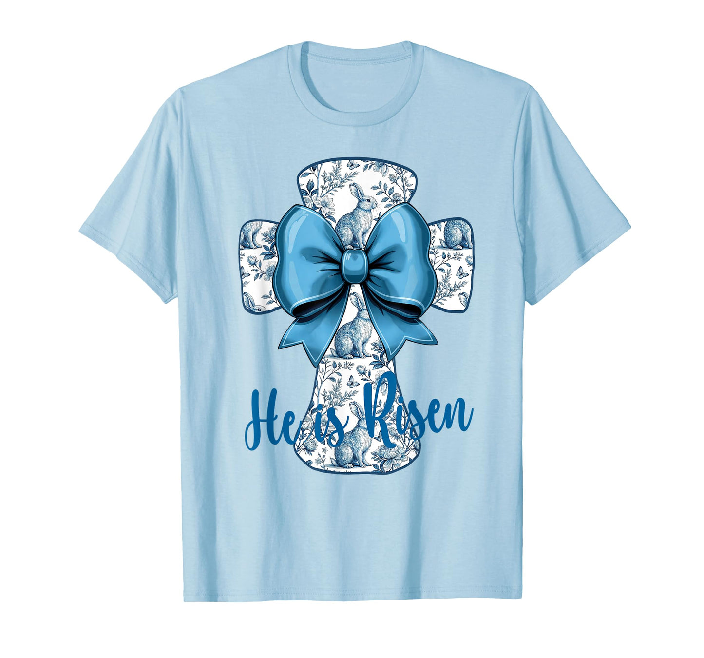 Easter Design He Is Risen Blue Toile Cross Christian Faith T-Shirt
