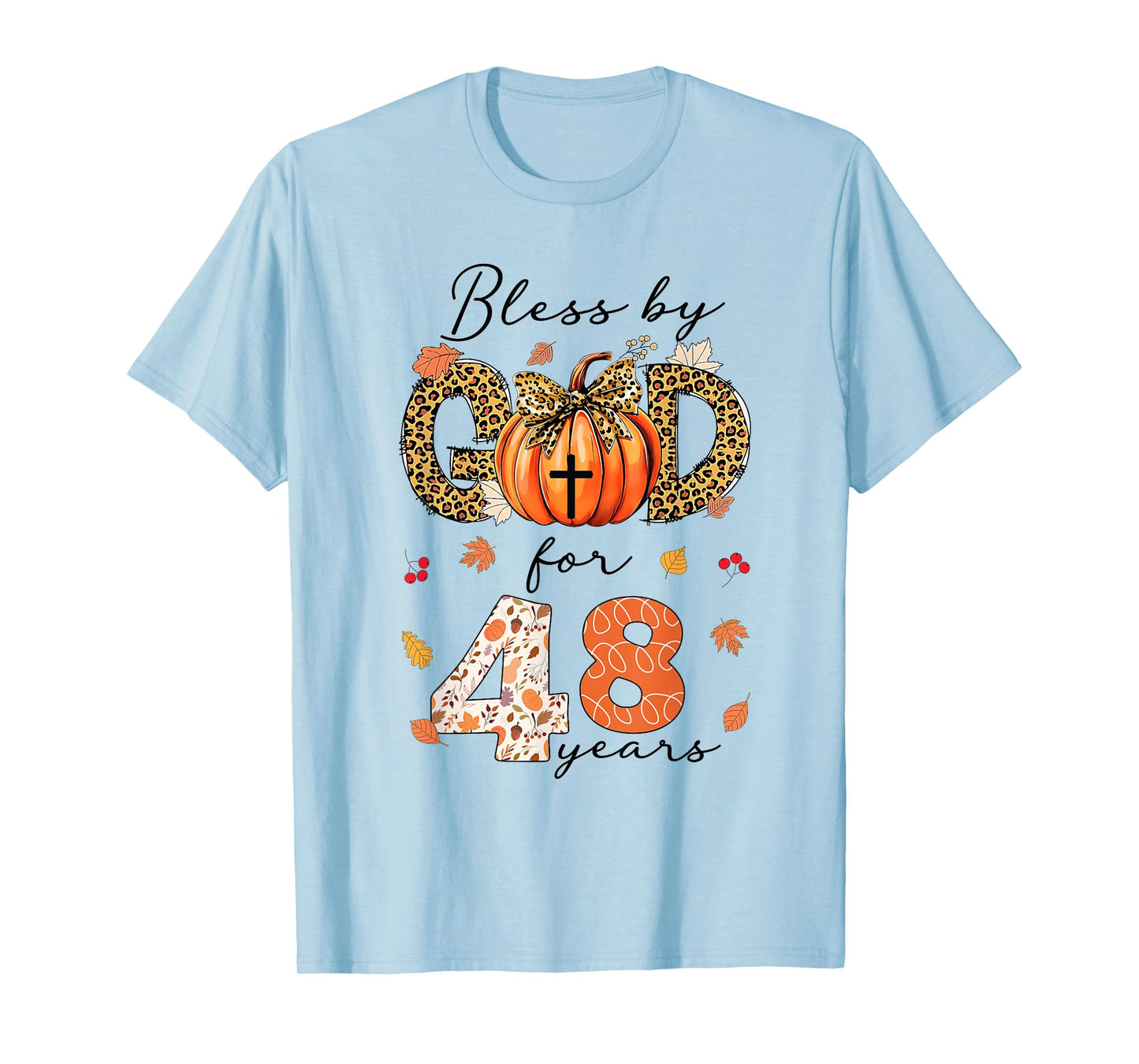 Blessed By God For 48 Years Old Woman Leopard Bow Pumpkin T-Shirt