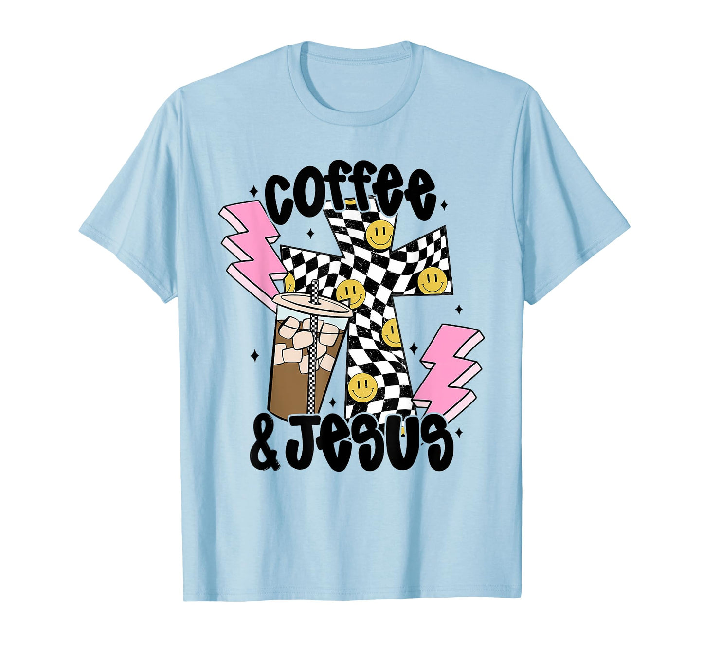 Retro Checkered Coffee and Jesus, Aesthetic Christian Women T-Shirt