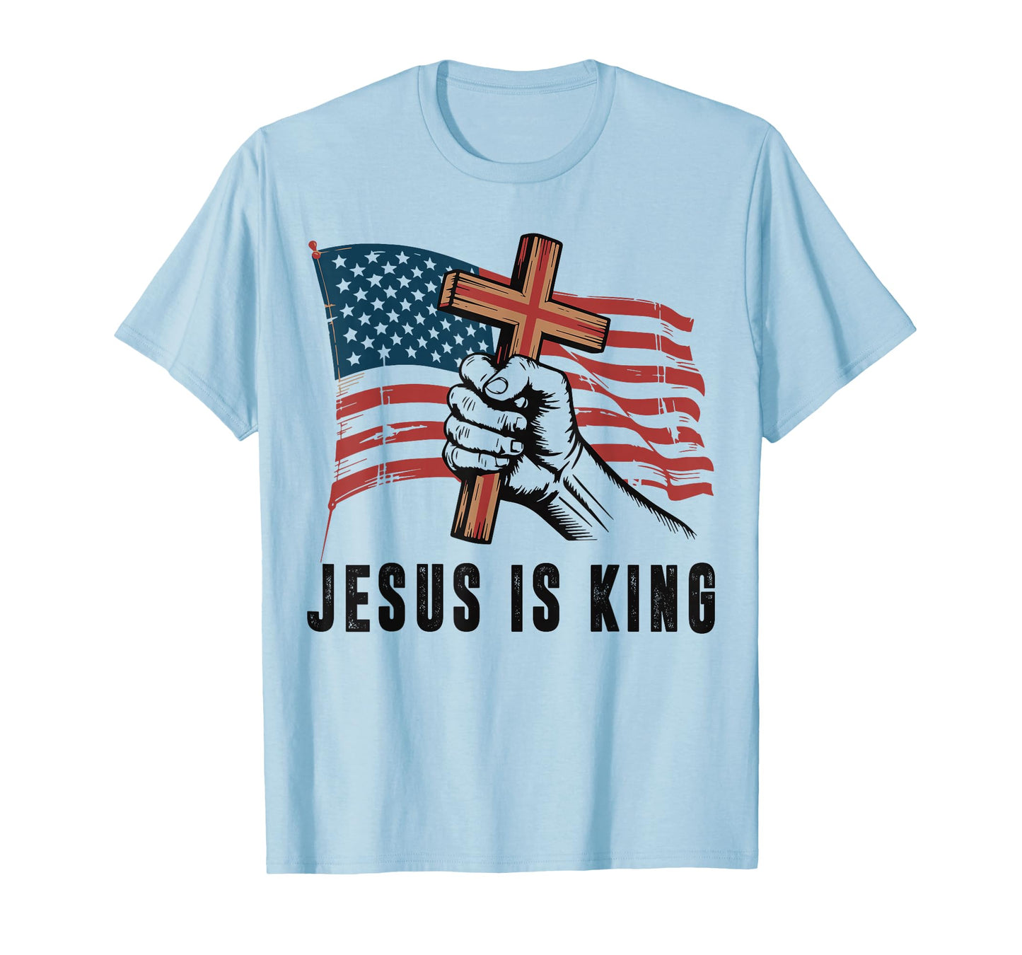 Mens Jesus is King American Flag Christian Patriotic Cross T-Shirt