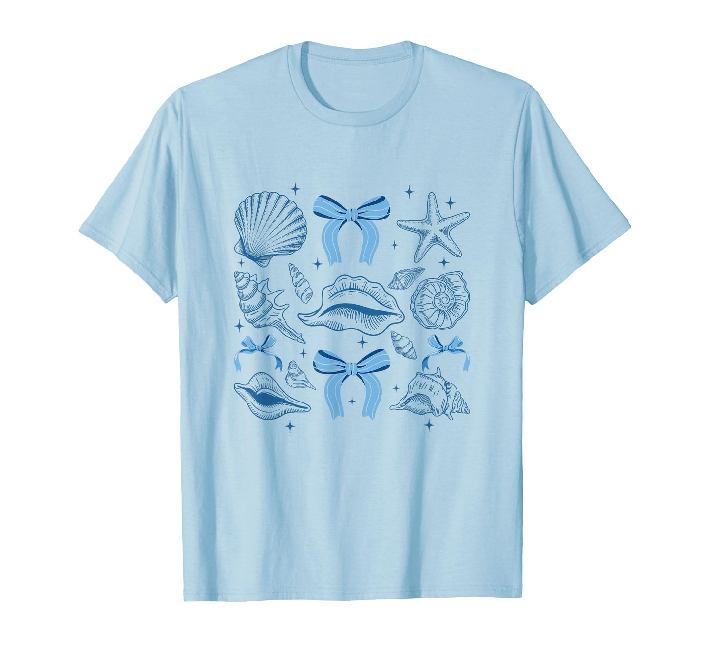 Blue Coquette Bow Seashell Retro Beach Summer Vibes Girls T-Shirt