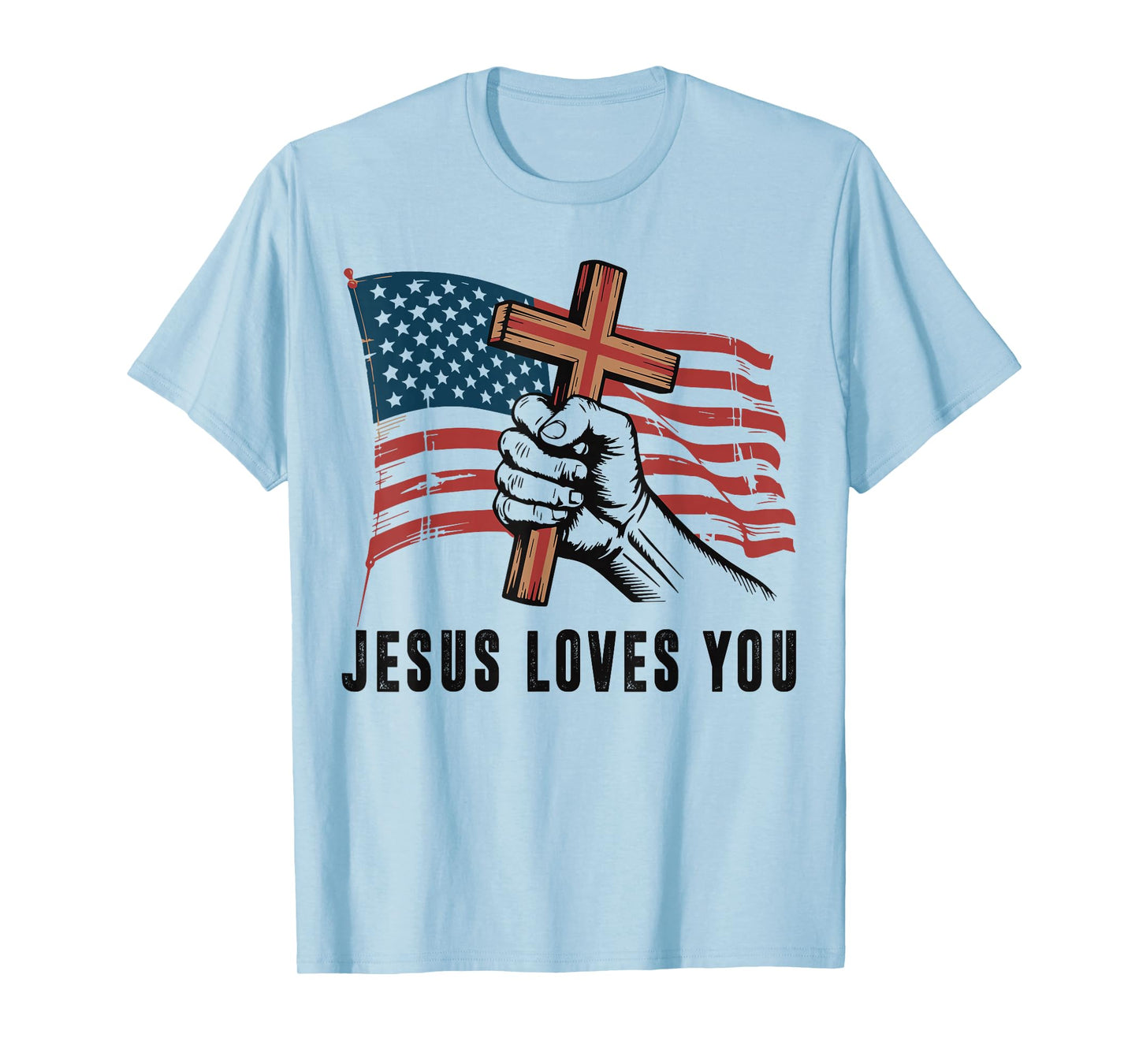 Mens Jesus Loves You American Flag Christian Patriotic Cross T-Shirt