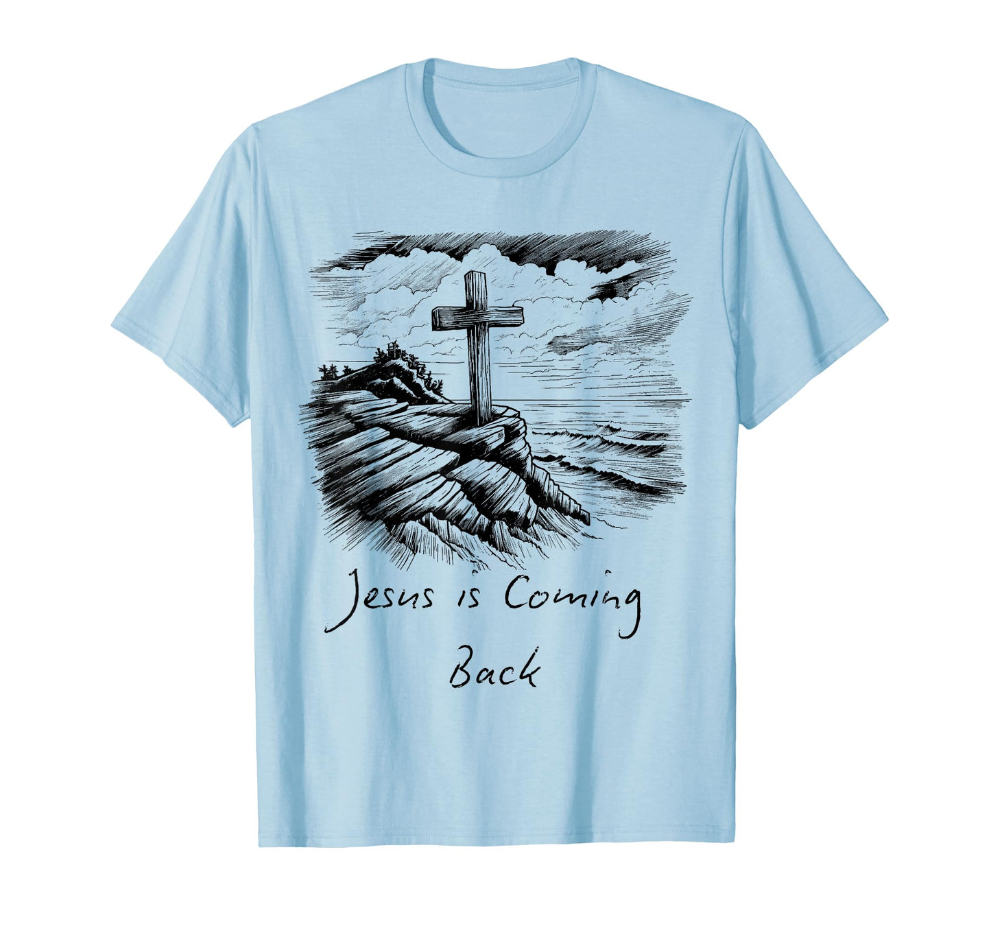 Jesus is coming Back sketch Drawing Cross Christian white T-Shirt