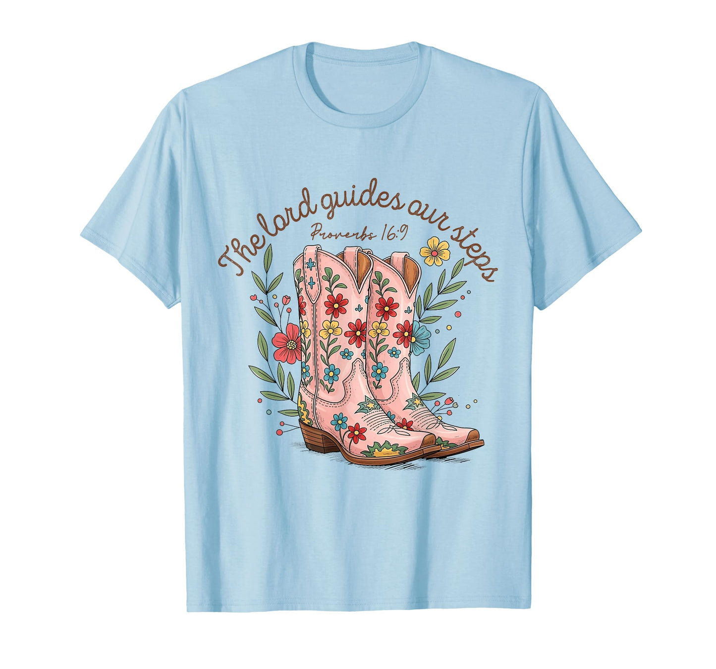 The Lord Guides Our Steps Western Cowboy Boots Bible Verse T-Shirt