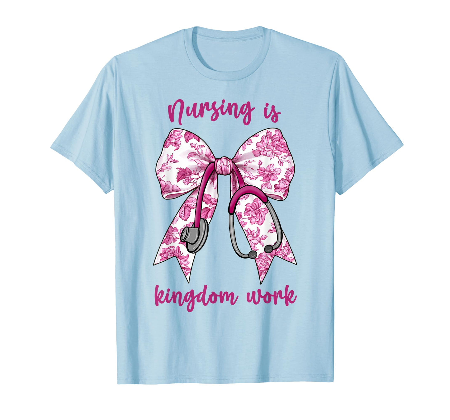 Christian Nurse, Nursing is Kingdom Work, Pink Toile Bow T-Shirt