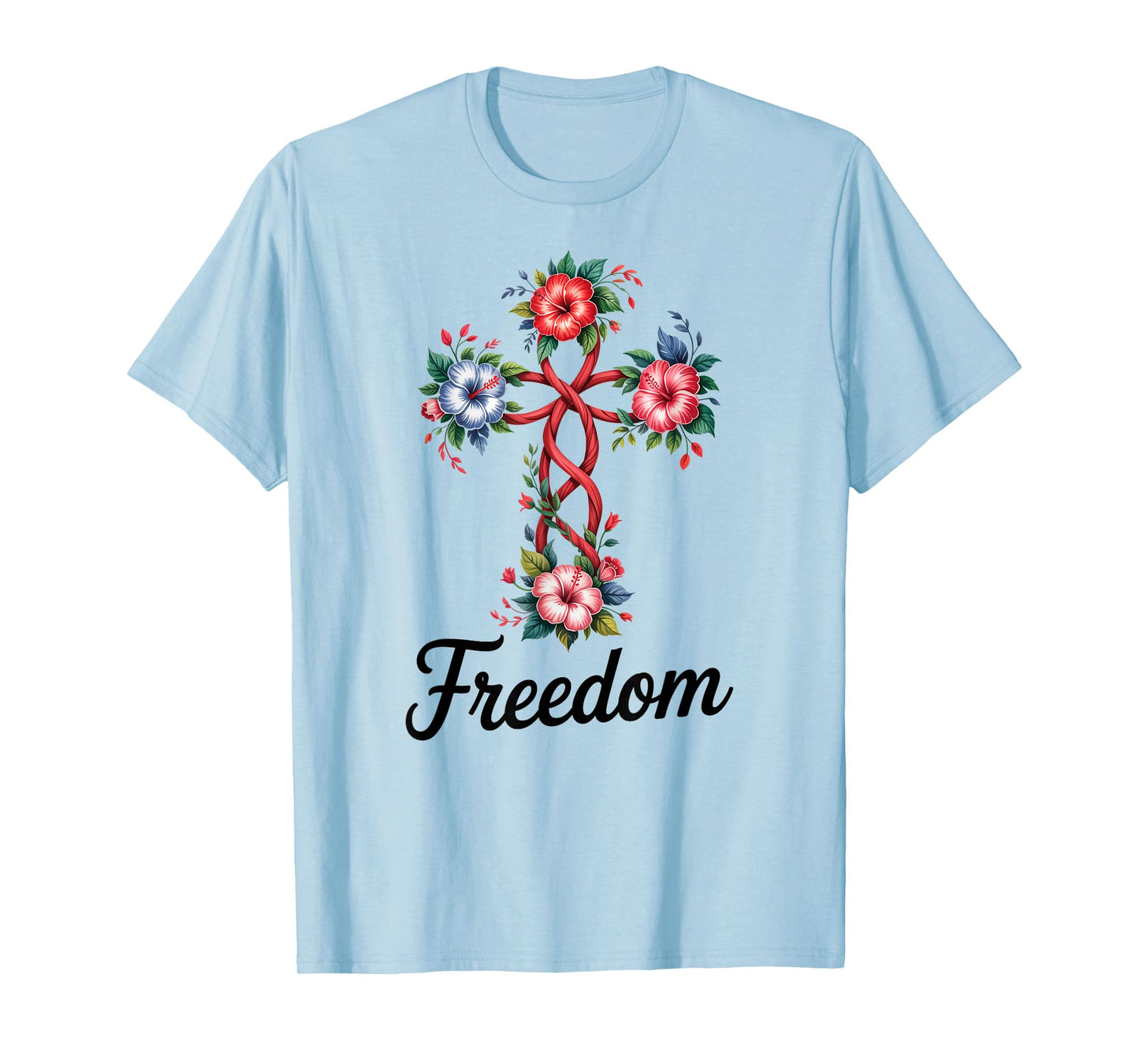 Freedom Floral Cross Design Christian Faith T-Shirt