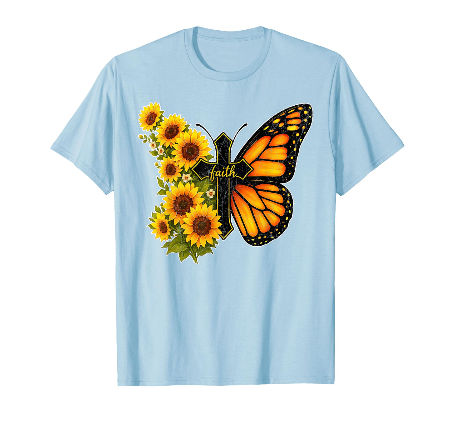 Faith Cross Vintage Sunflower Butterfly Christian T-Shirt