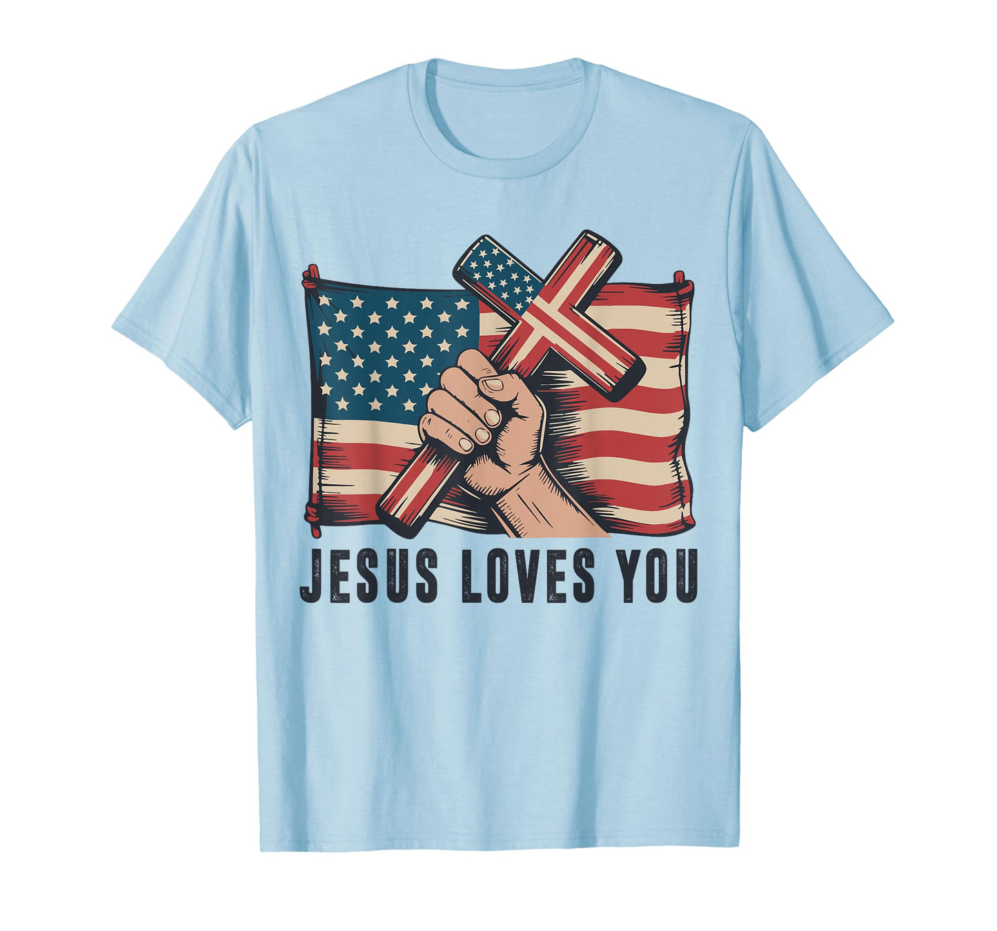 Mens Jesus Loves You Christian Patriotic Cross American Flag T-Shirt