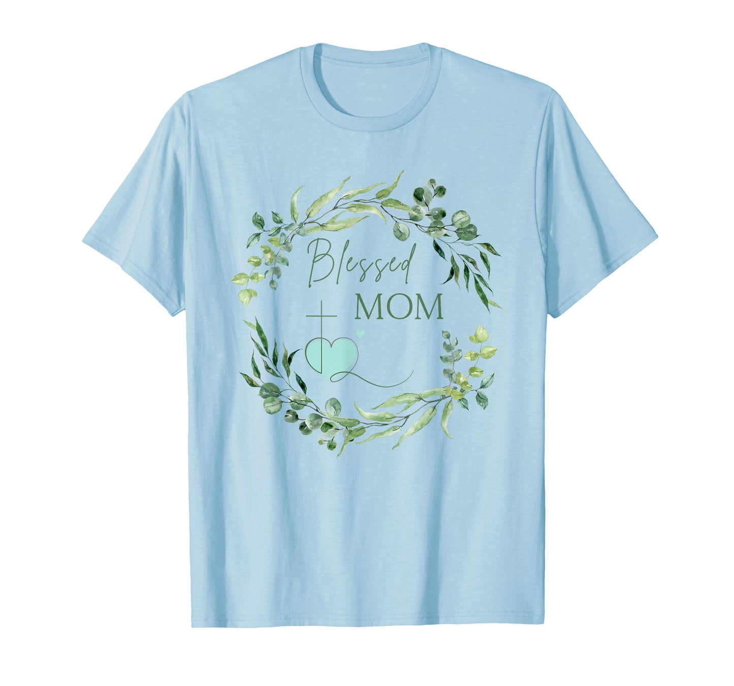 Blessed Mom with Cross and Heart Floral Wreath Christian T-Shirt