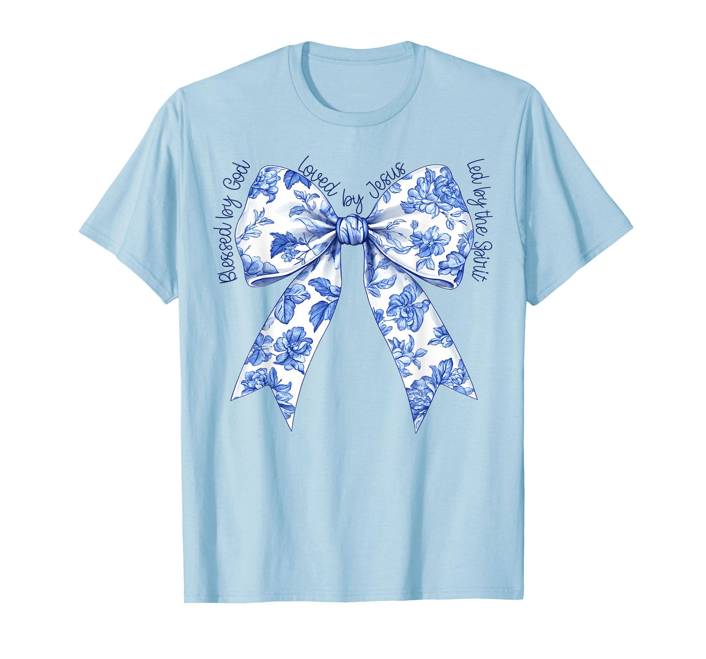 Blessed By God Loved By Jesus Blue Toile Coquette Bow T-Shirt