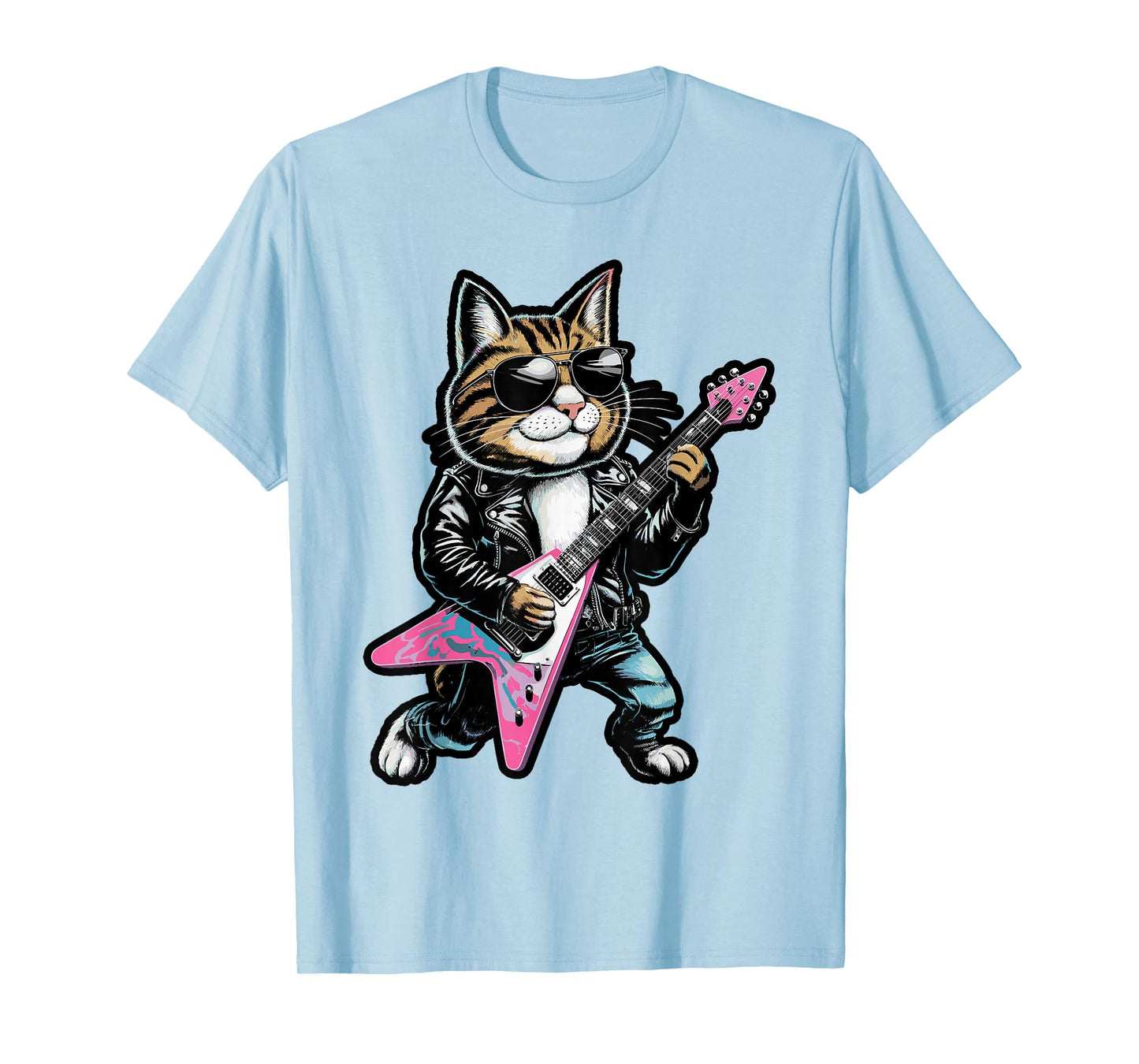 Rock Star Cat Playing Guitar Design T-Shirt