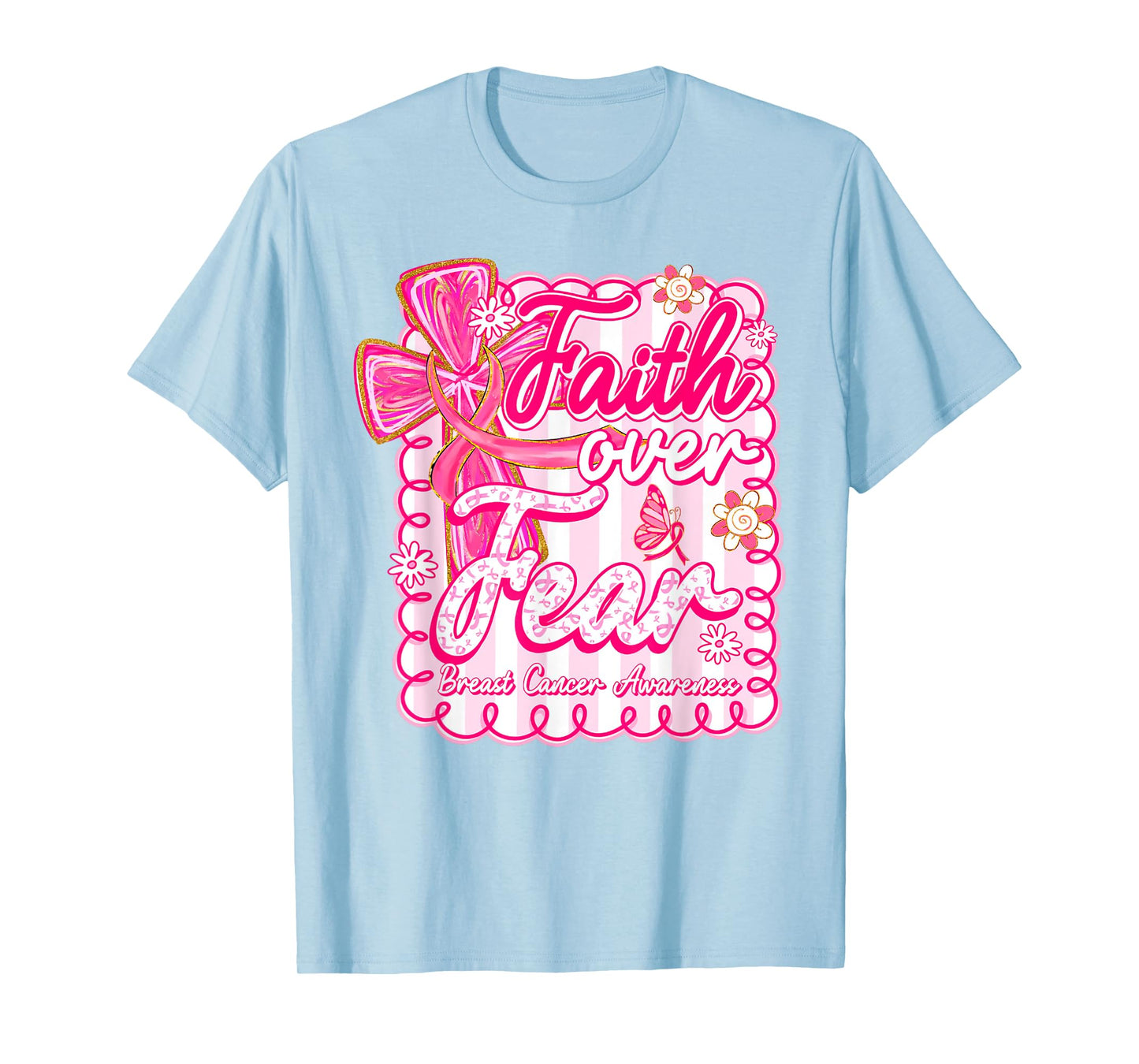 Faith Over Fear Coquette Bow Plaid Breast Cancer Awareness T-Shirt