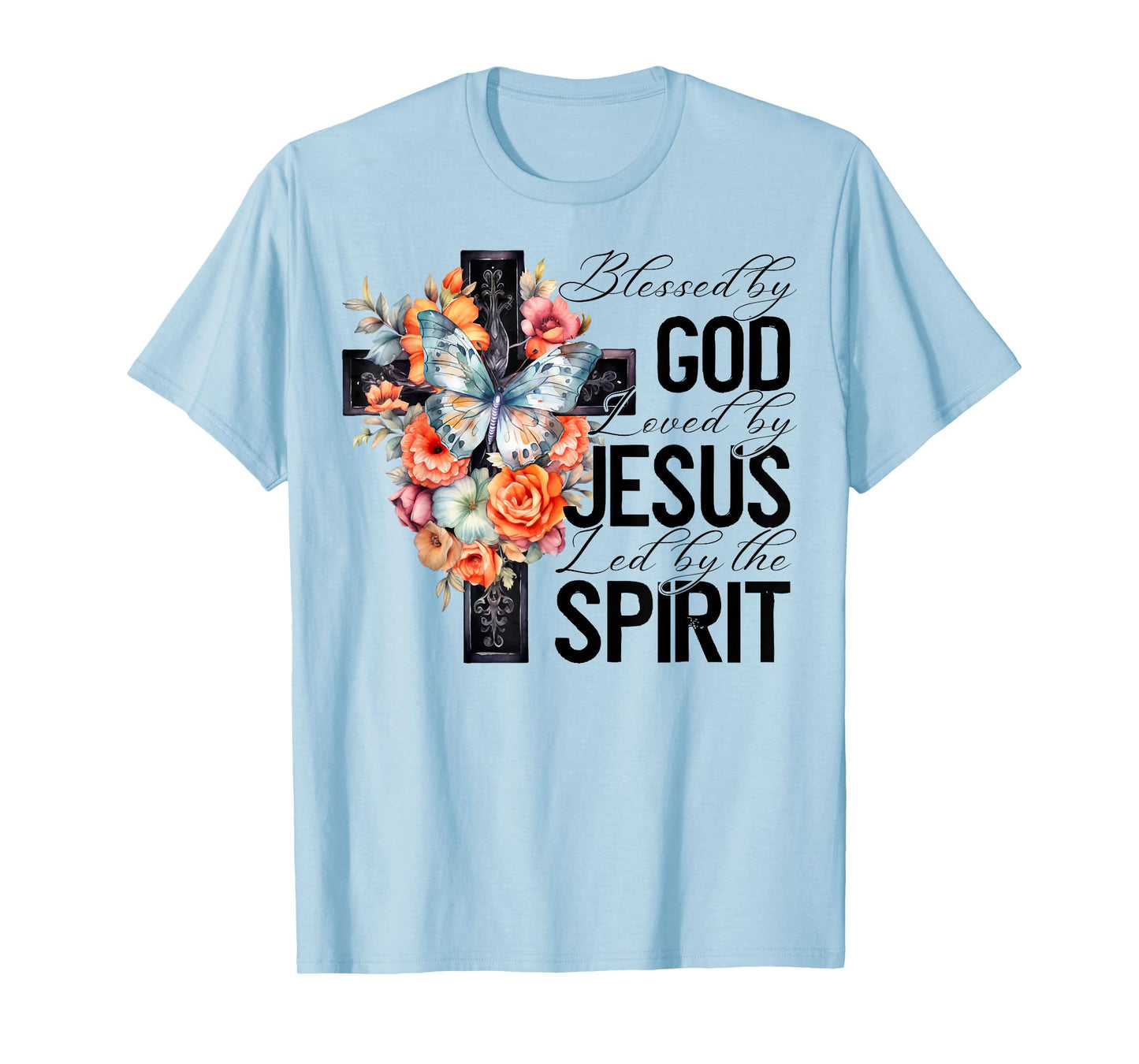 Blessed By God Loved By Jesus Floral Cross Faith Christian T-Shirt