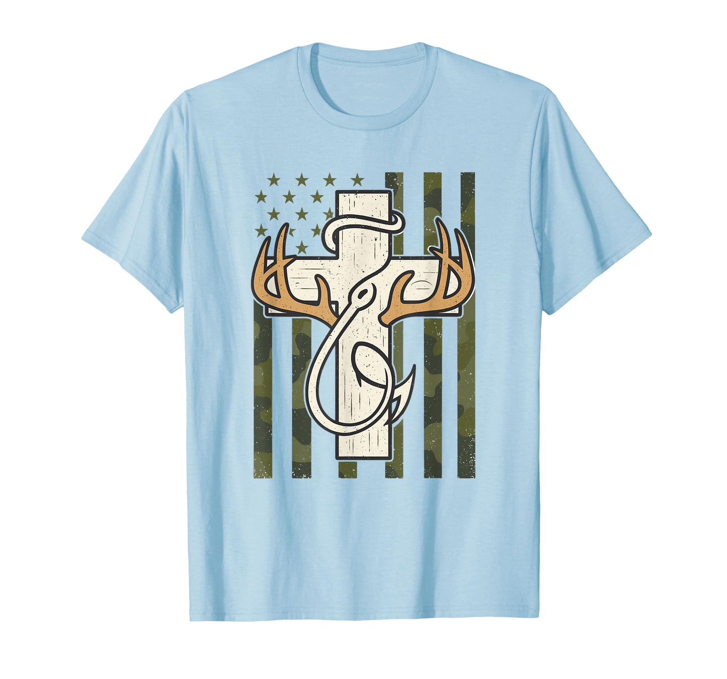 Cross Antlers Fishing Hook Camo Flag Christian Hunter T-Shirt