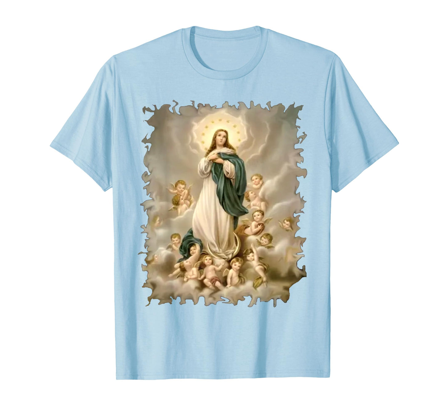 Blessed Virgin Mary and Cute Angels Pattern in Heaven Scene T-Shirt